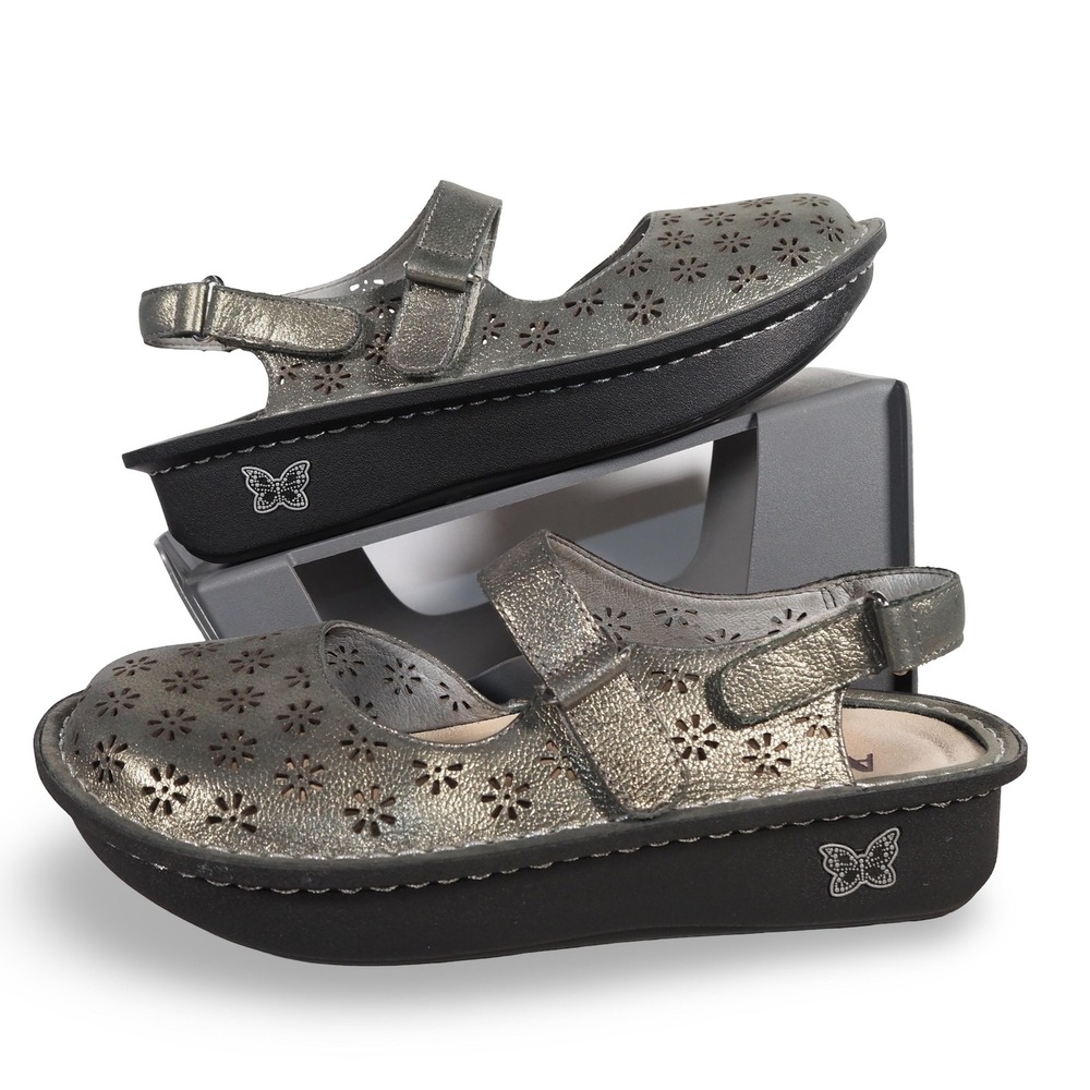Alegria JEM-204 Womens 38 US 8 Pewter Leather Floral Slingback Sandals